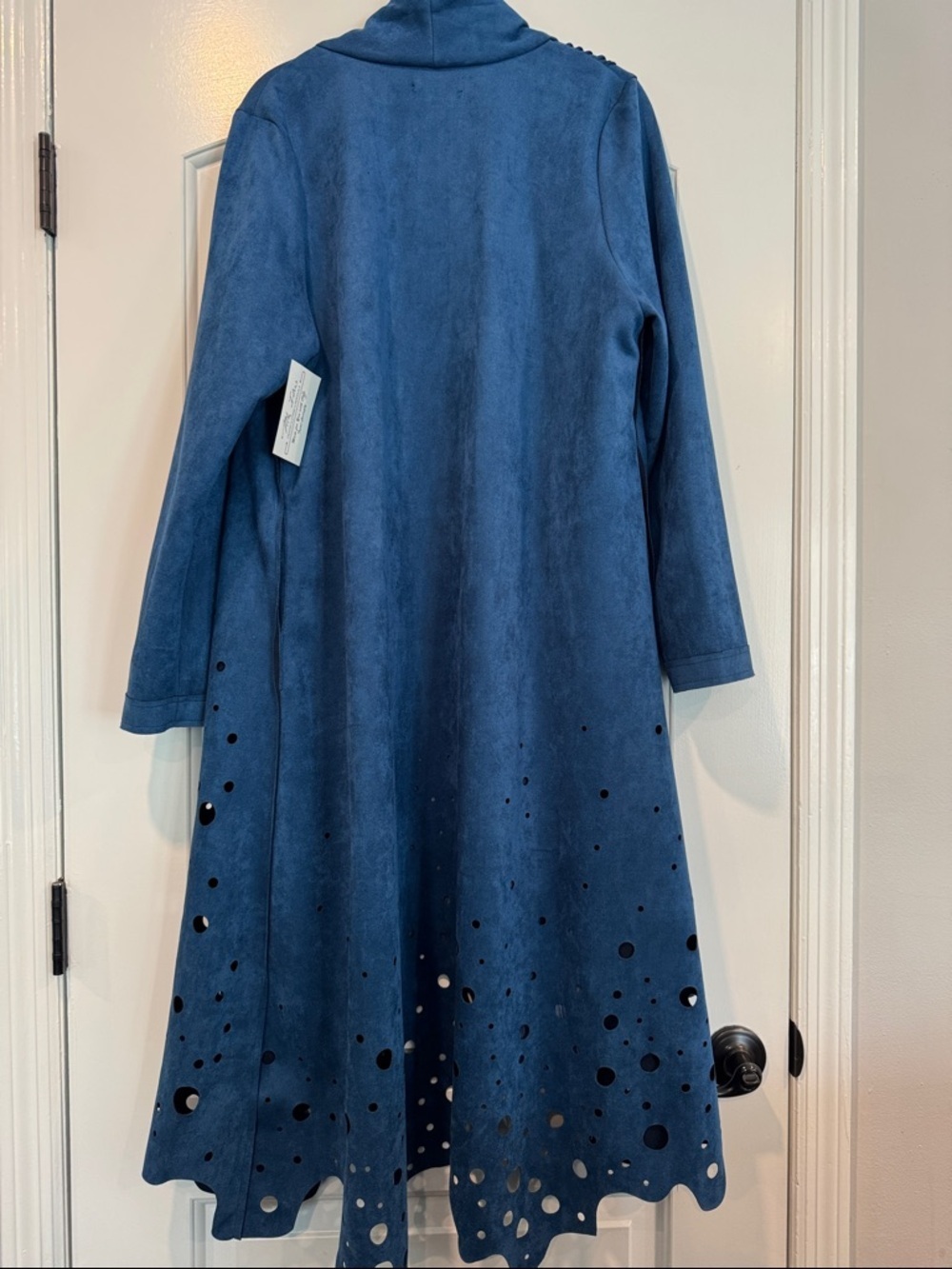 NWT Blue Suede Long Duster Coat Cutout Perforated Hem & attached sheer scarf SzM - Picture 11 of 11